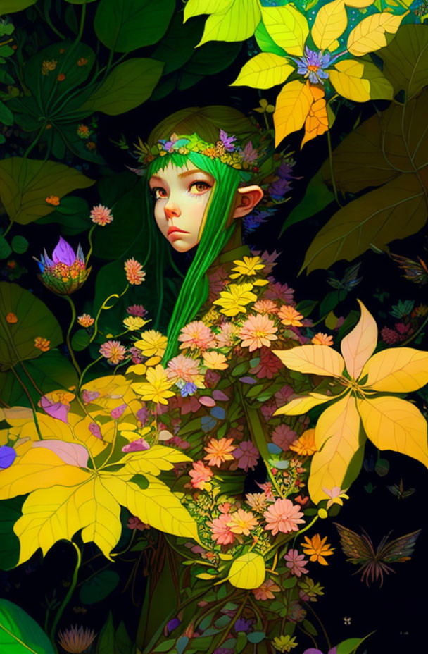 Colorful illustration of mystical female figure with green hair in lush garden