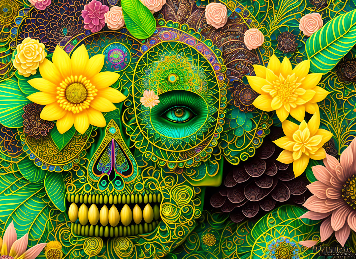 Colorful Skull Illustration with Floral Designs and Green Eye