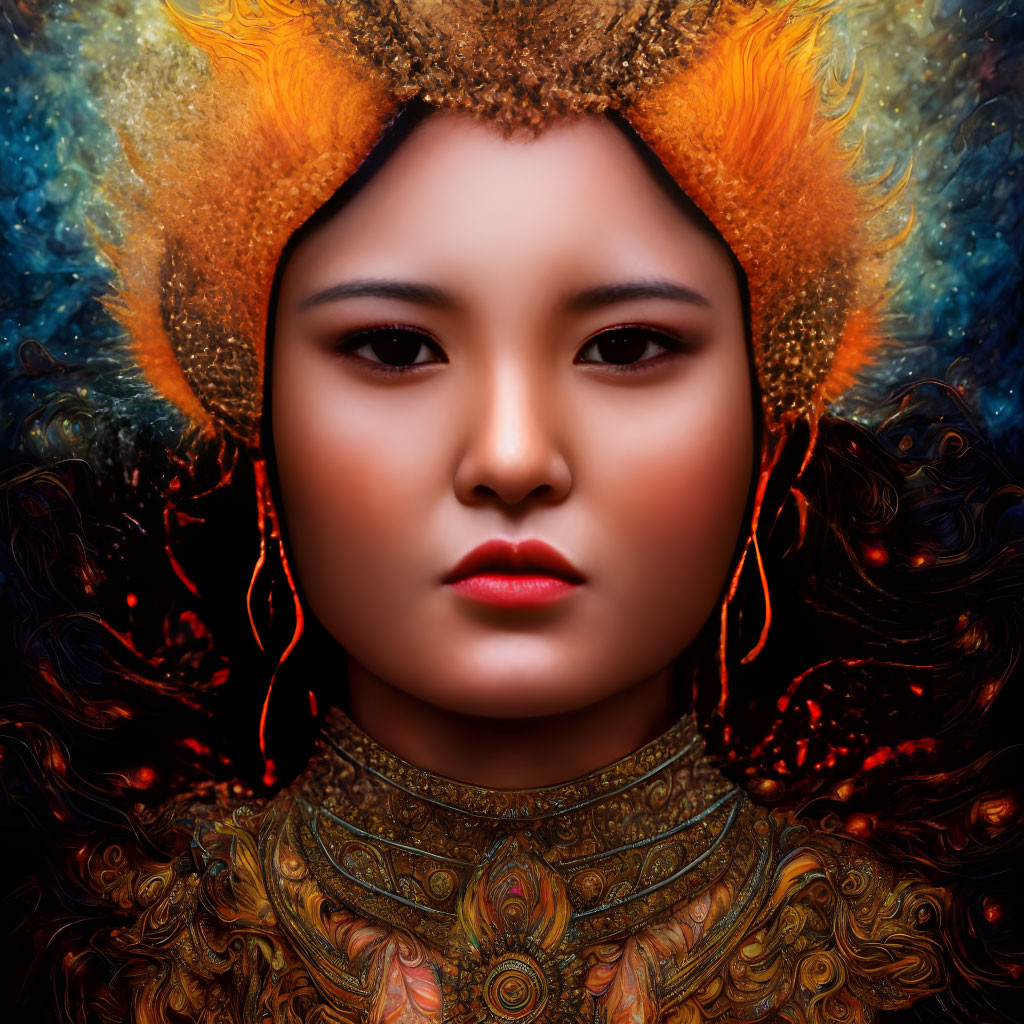 Portrait of a person in orange headwear and golden attire with intense gaze on dark background