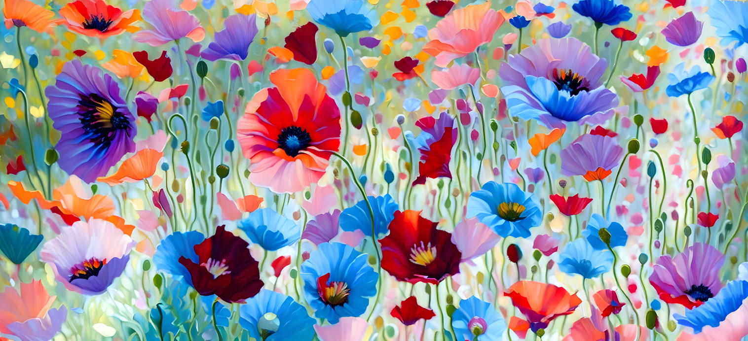 Colorful Poppy Field with Blurred Green Background