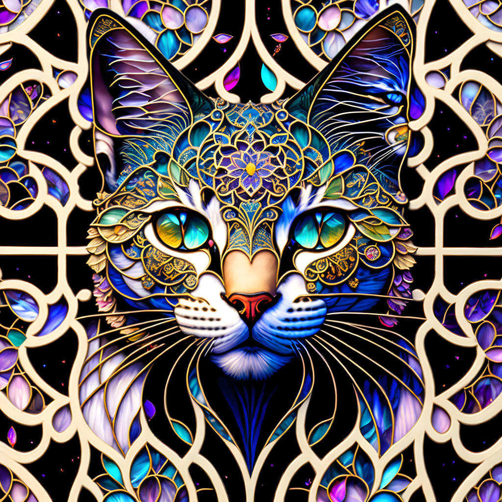 Symmetrical cat art with vibrant stained-glass effect