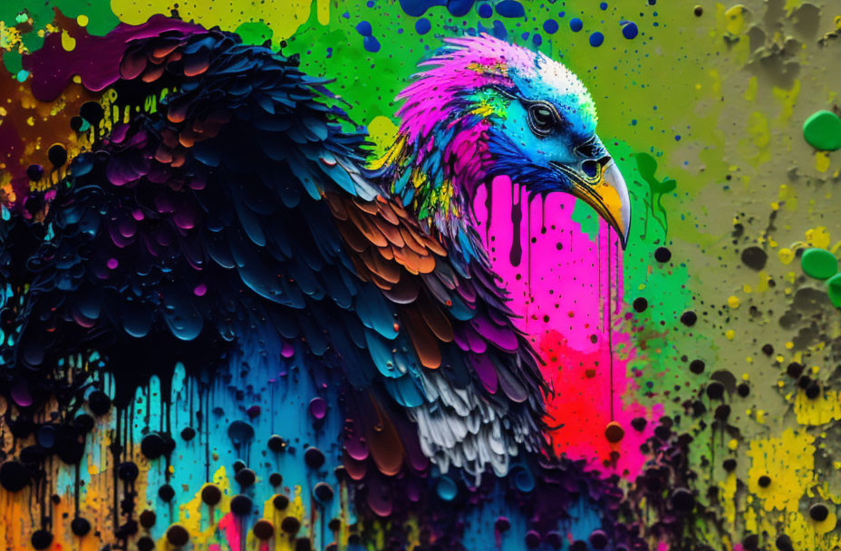 Colorful digital eagle artwork with ink splatter on black background