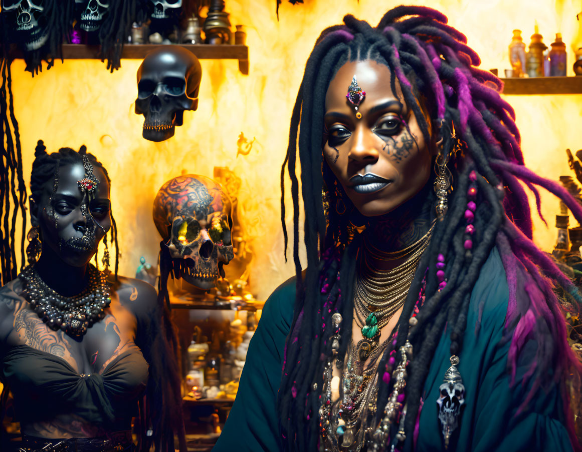 Person with facial markings and dreadlocks in front of mystical backdrop with skulls and bottles