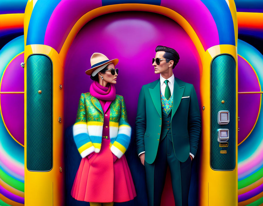 Chic man and woman in vibrant attire against psychedelic backdrop