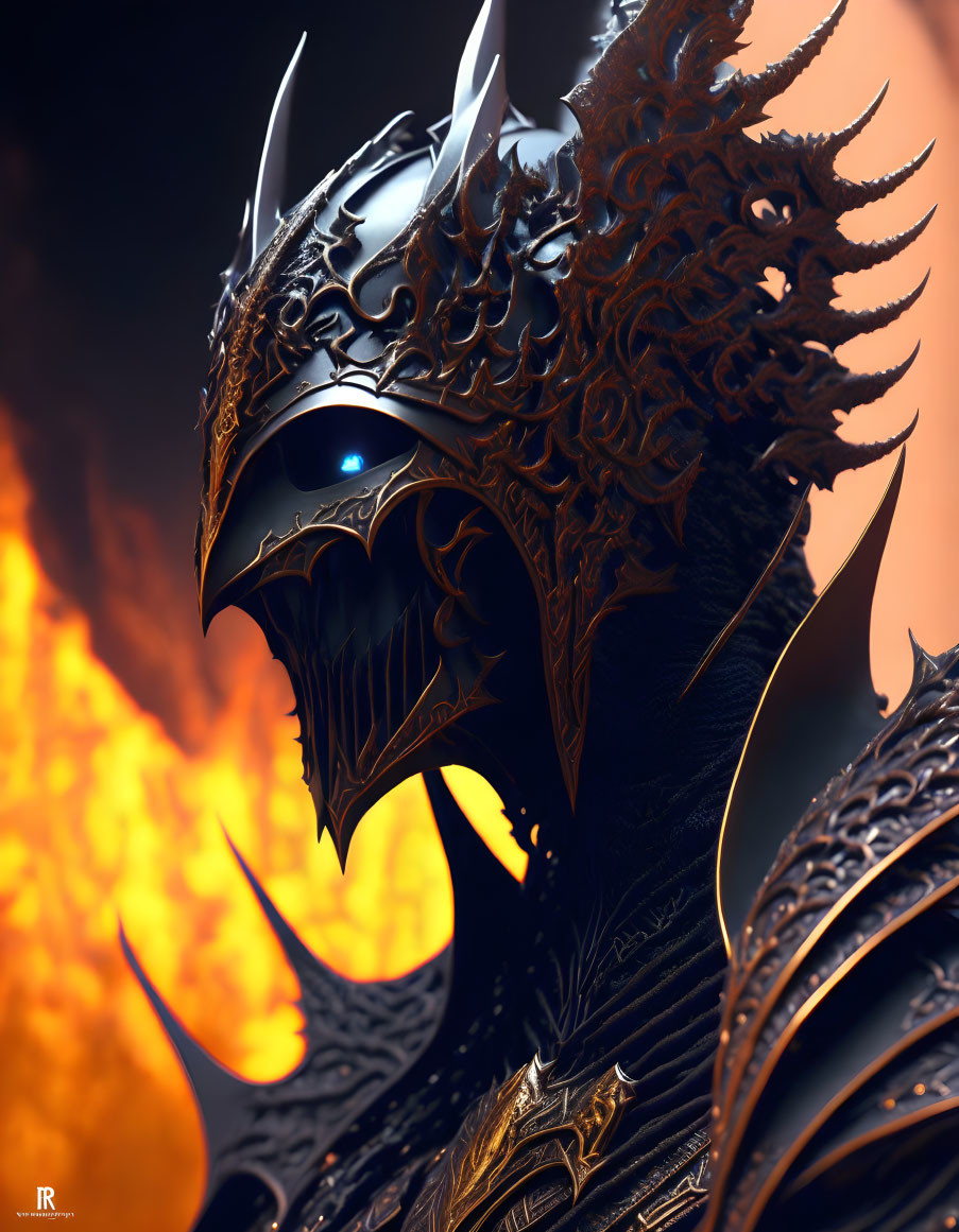 Detailed Fantasy Armor with Horned Helmet on Fiery Background