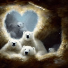 Illustration: Five polar bears in heart-shaped cave with warm lighting.