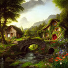 Fantasy landscape with hobbit-style houses, stone bridge, green hills, brook, and mountains