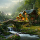 Cozy forest cottages by stream with stone bridge at dusk
