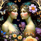 Symmetrical women with floral crowns and butterflies in Art Nouveau setting