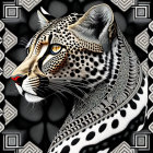 Stylized black and gold leopard illustration on decorative background