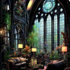 Nighttime indoor garden room with warm lamp light, lush greenery, gothic windows, mystical ambiance