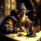 Wizard with pointed hat in candlelit room with potion bottles and ornate teapot