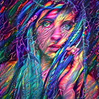 Colorful digital artwork of a woman with multicolored hair and paint splashes.