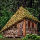 Enchanted forest cottage with moss-covered roof and blooming flowers