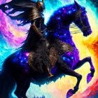 Knight in dark armor on majestic black horse in vibrant cosmic scene