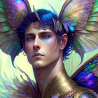 Digital artwork of person with blue hair, butterfly wings, golden armor, and insect hair accessory