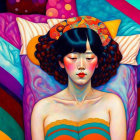 Woman with Black Hair & Flower Headband Relaxing on Colorful Pillows