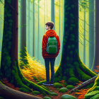 Young Boy in Vibrant Forest with Sunlight and Leaves