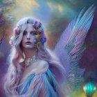 Celestial woman with large wings in serene night sky portrait