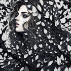 Woman's Face Blended with Black and White Foliage