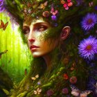 Mystical forest creature with tree-like features and purple flowers