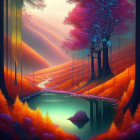 Vibrant orange and blue trees in mystical forest with glowing path to tranquil lake at dusk