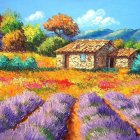 Vibrant Autumn Landscape with Cottage and Pumpkins