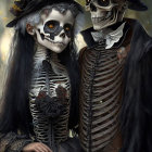 Pirate-themed duo in skull makeup and tricorn hats in foggy forest