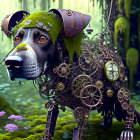 Steampunk mechanical dog with gears in lush forest setting