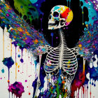 Colorful Human Skeleton with Wings and Paint Splattered Skull on White Background