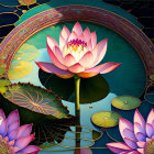 Surreal Illustration of Pink Lotus on Serene Waters