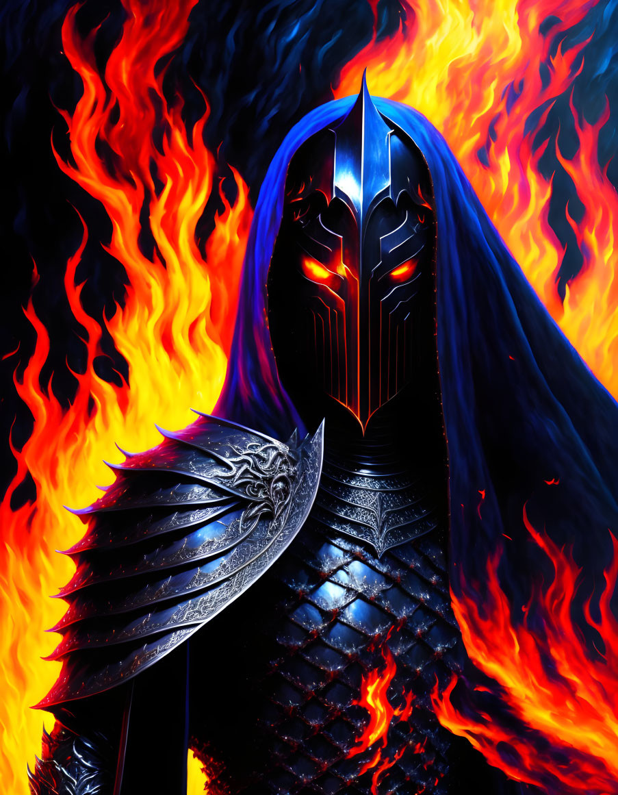 Armored figure with blue cape and dragon shield in front of blazing flames