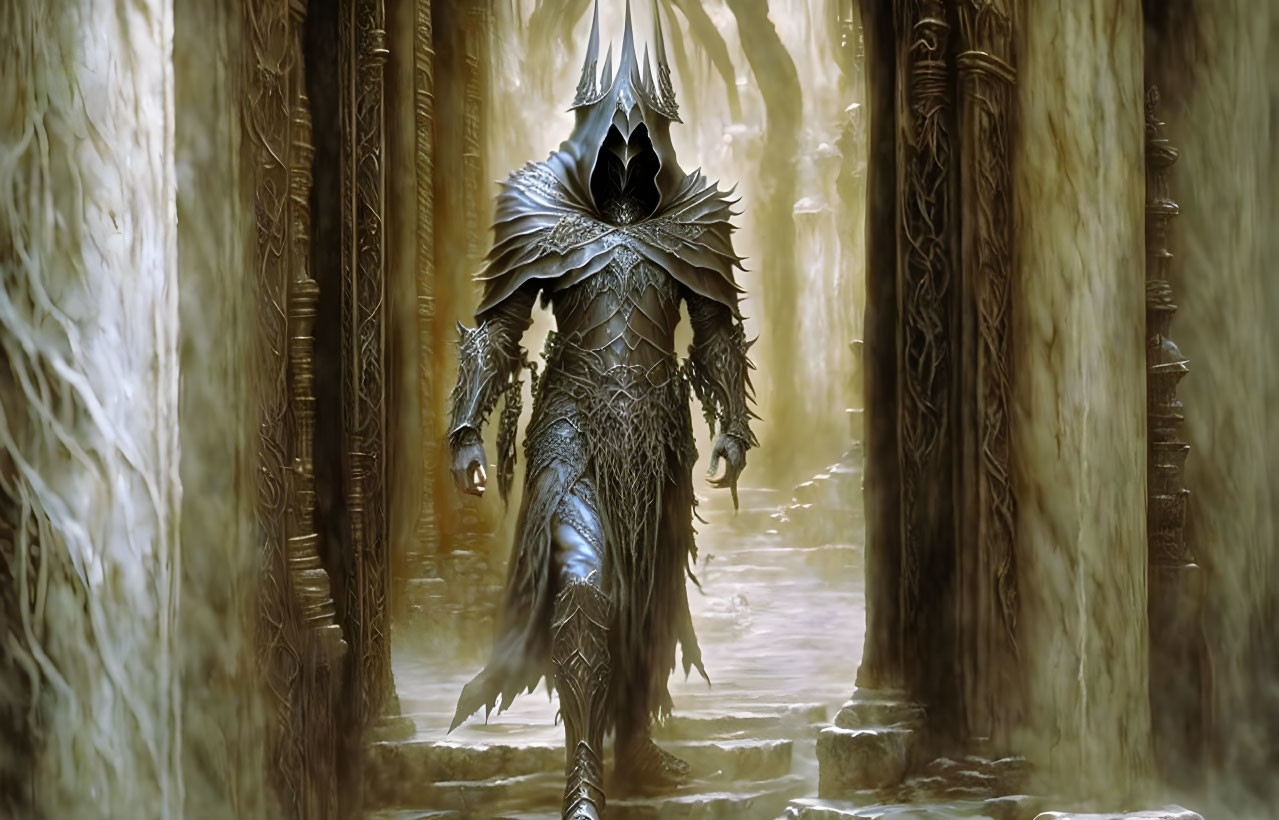 Majestic figure in dark armor in grand stone-pillared hallway