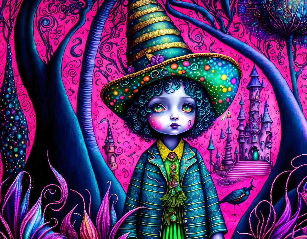 Colorful character illustration with large eyes and whimsical hat in fantasy setting