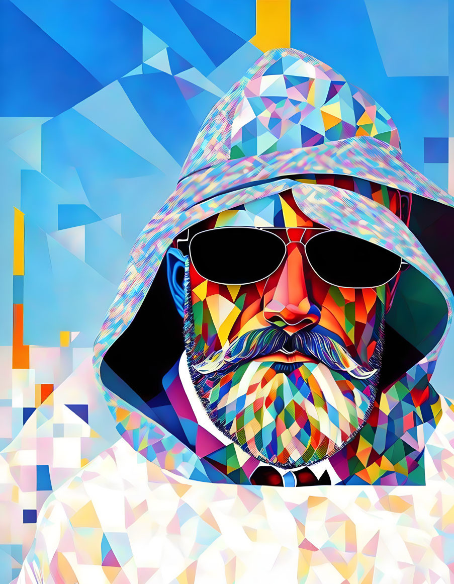 Vibrant Geometric Digital Artwork of Bearded Man in Sunglasses