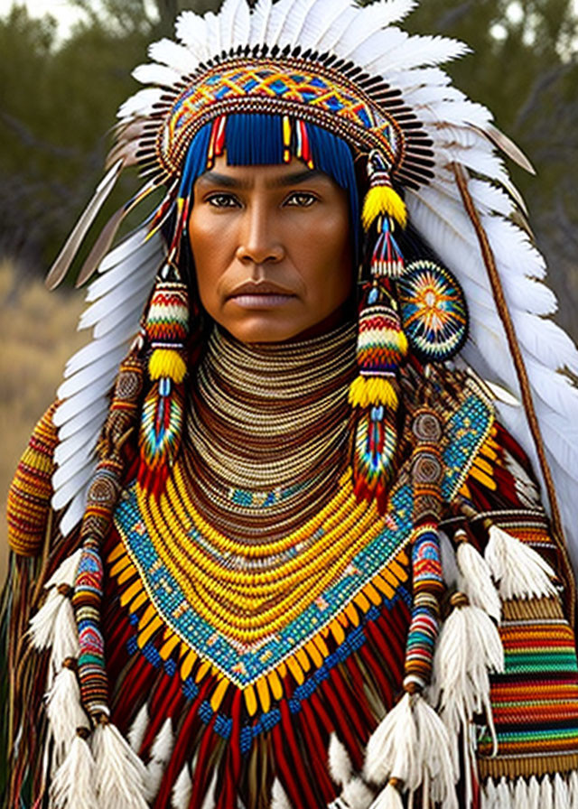 Native American individual in intricate regalia with feathered headdress and vibrant patterns.