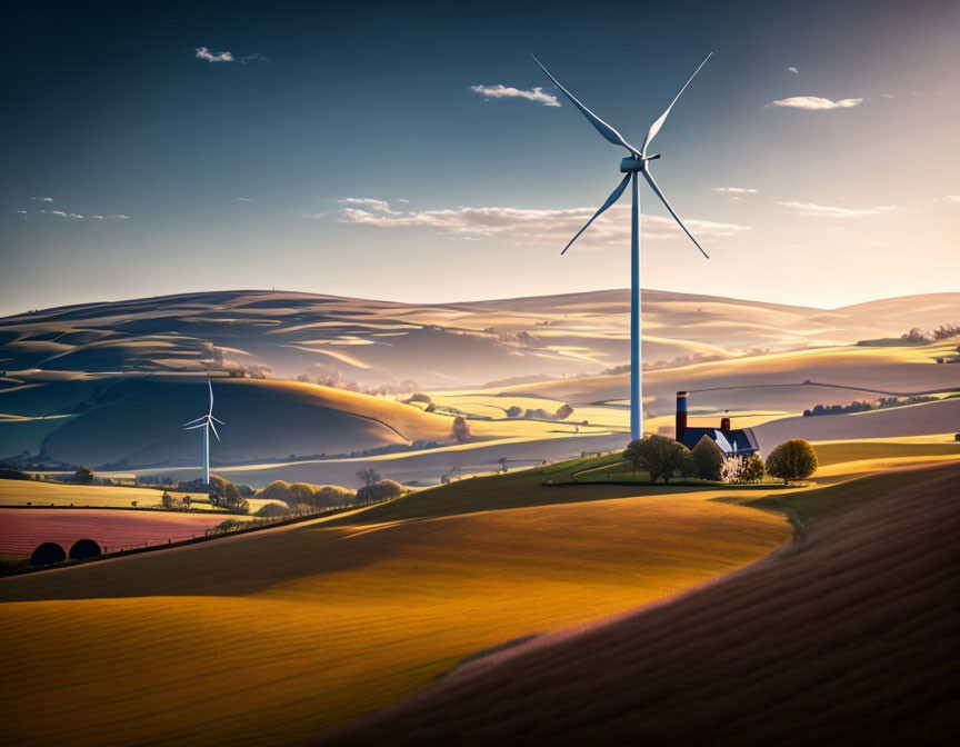 Golden hills with wind turbines at dawn or dusk