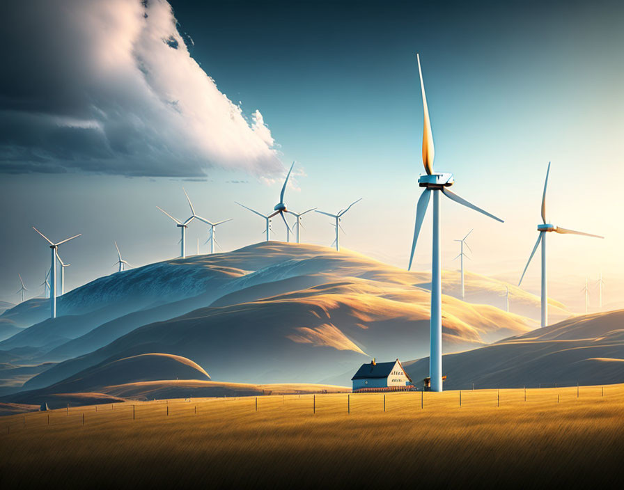 Renewable energy landscape with house and wind turbines on rolling hills