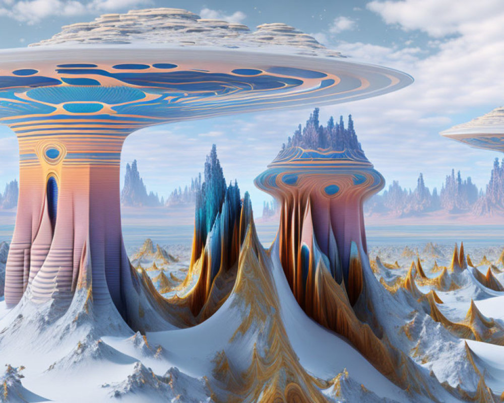 Surreal landscape: massive mushroom shapes, snowy peaks, icy blue forests