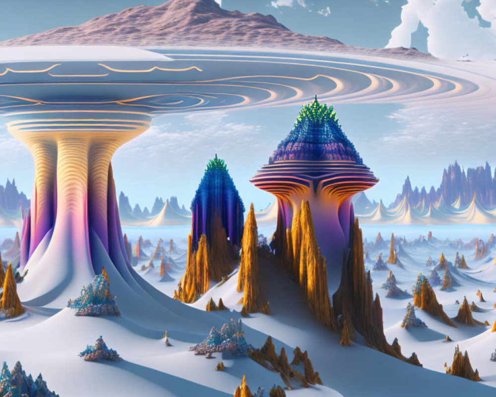 Alien landscape with towering mushroom structures and iridescent tones