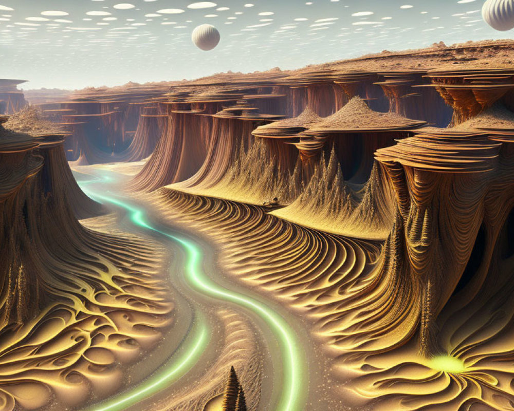 Surreal landscape with layered rock formations and blue river under multiple moons.