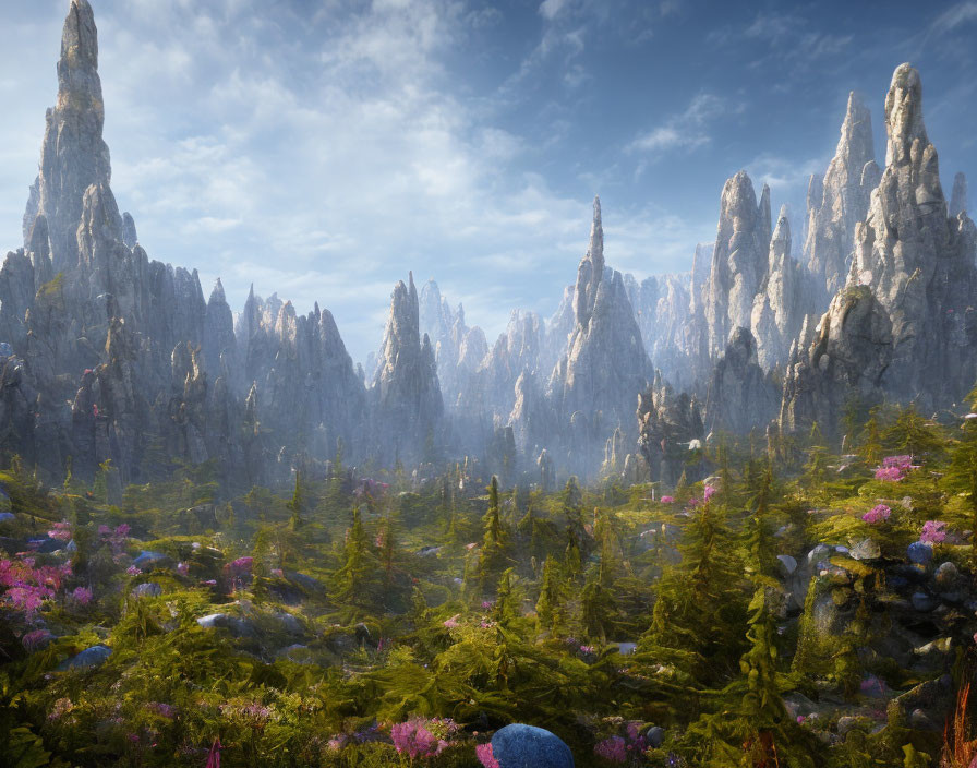 Tranquil landscape with rocky spires, lush forest, and pink flowers