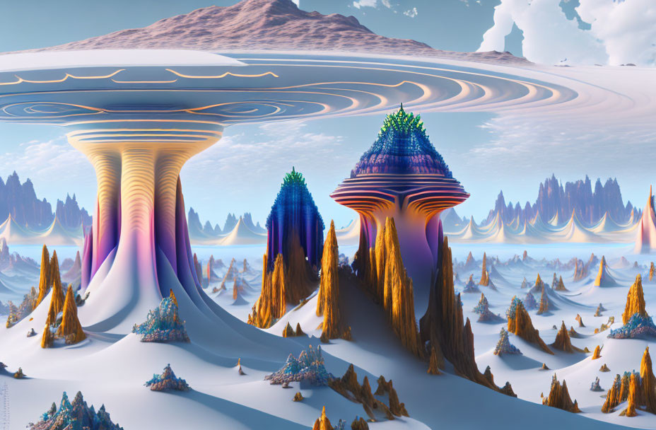 Alien landscape with towering mushroom structures and iridescent tones