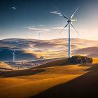 Golden hills with wind turbines at dawn or dusk