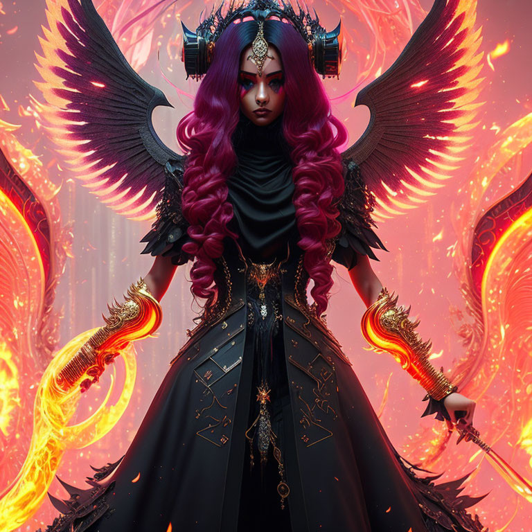 Fantasy digital artwork: Female character with purple hair, angelic wings, fiery swords, and flaming