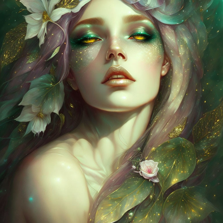 Woman with Purple Flowers and Green Leaves in Dreamlike Portrait