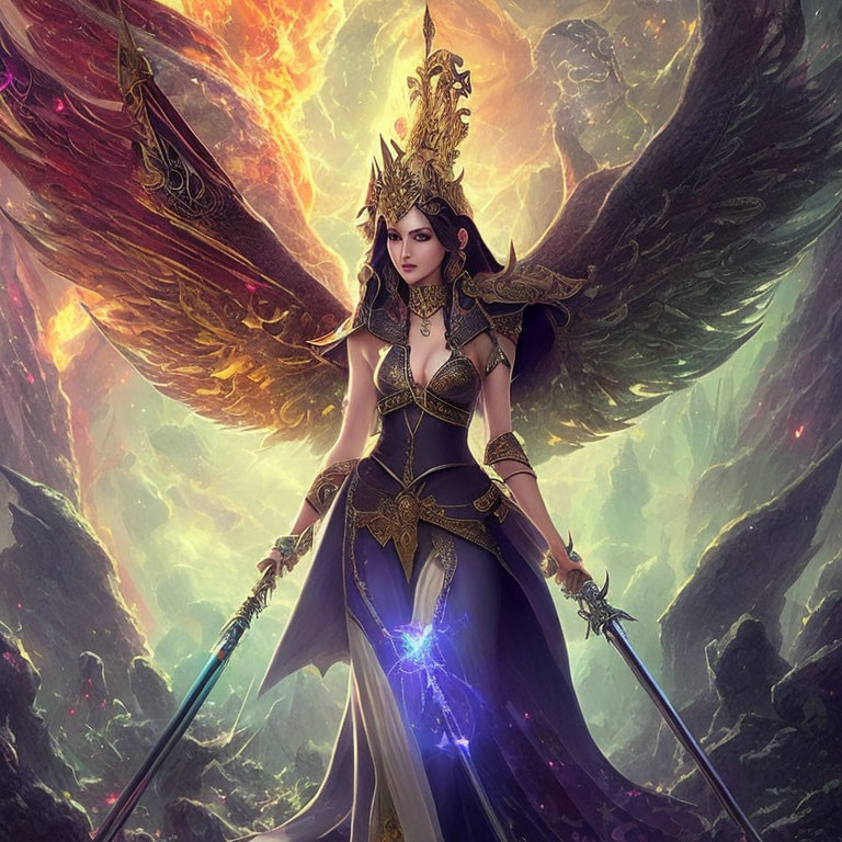 Regal fantasy figure in golden armor with wings and glowing staff in colorful landscape