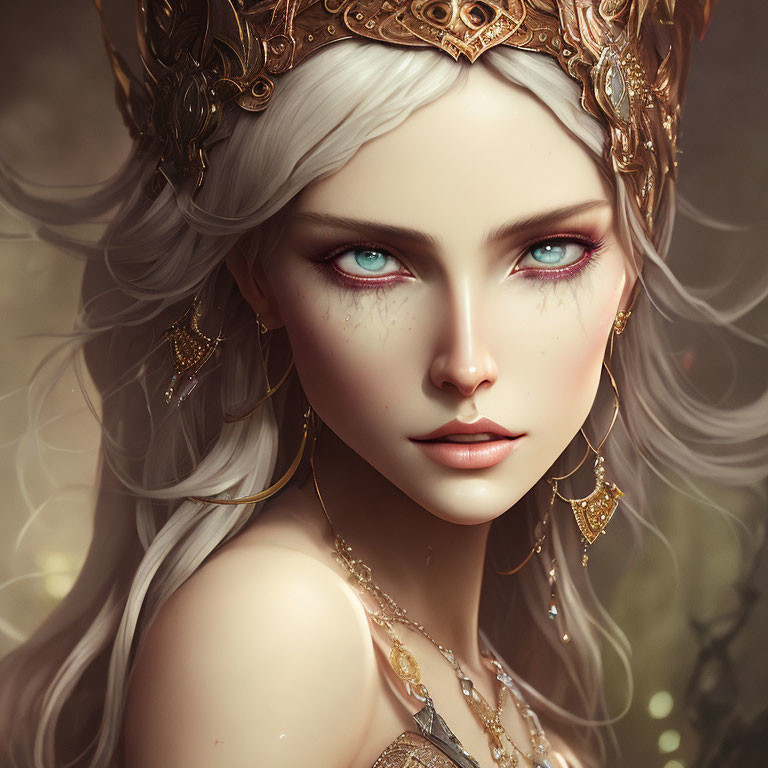 Woman with Blue Eyes Wearing Golden Crown and Jewelry