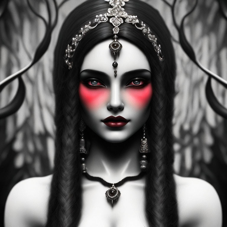 Monochromatic image of woman with striking red makeup, long dark hair, and ornate jewelry