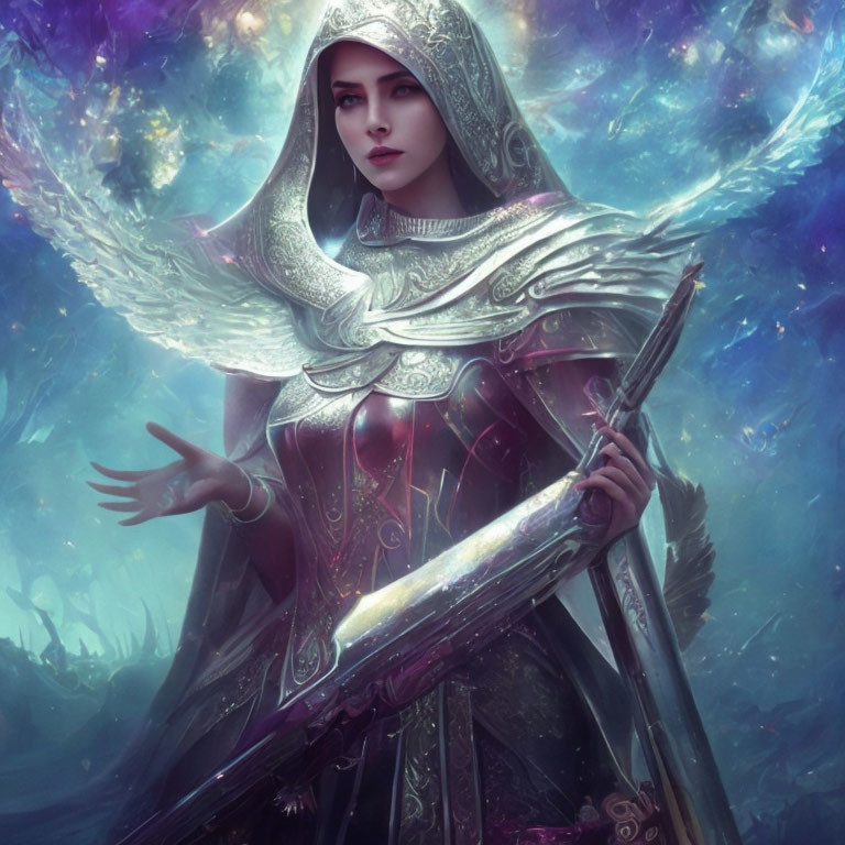 Female warrior in fantasy armor with sword in cosmic setting